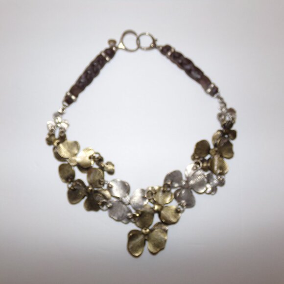 Fossil Flower Necklace Leather Silver Bronze Tone 16'' CZ Sparkle - Picture 7 of 12